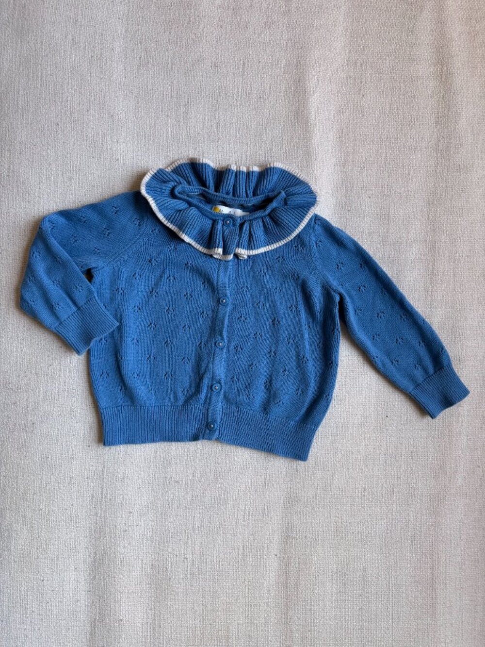 Mini Boden Blue Pointelle Knit Ruffle Collar Cardigan 2-3Y